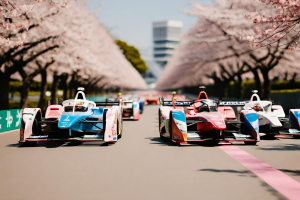 Monoposto di Formula E in pista durante l'e-prix di Tokyo - AI Generated