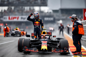 Verstappen festeggia la sua pole position alle qualifiche a Shanghai.